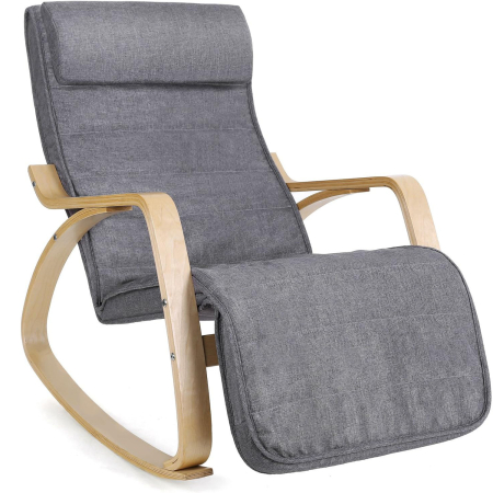 Produse în distribuție - SONGMICS Scaun balansoar din lemn, suport picioare reglabil, maxim 150kg, 55x122x84cm, gri inchis