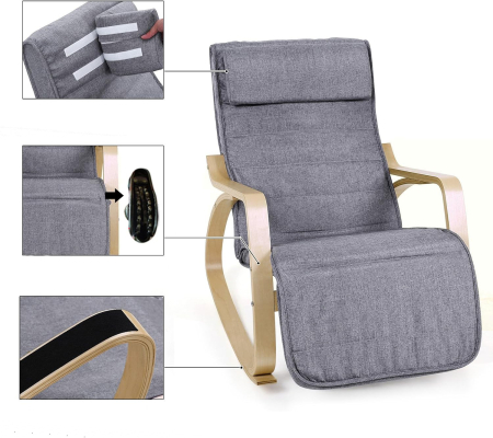 SONGMICS Scaun balansoar din lemn, suport picioare reglabil, maxim 150kg, 55x122x84cm, gri inchis [3]