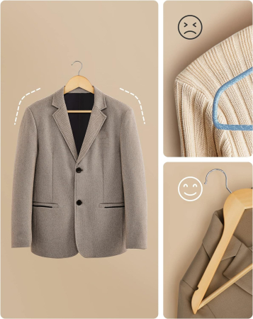 SONGMICS Set de 10 umerase din lemn, cu bara anti-alunecare pentru pantaloni, carlig pivotant la 360°, 45cm, natur [6]