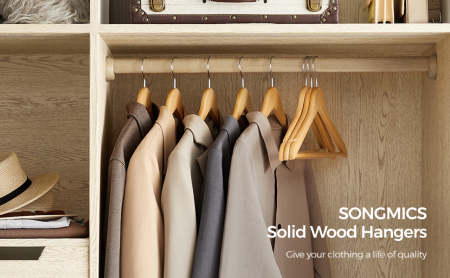 SONGMICS Set de 10 umerase din lemn, cu bara anti-alunecare pentru pantaloni, carlig pivotant la 360°, 45cm, natur [1]