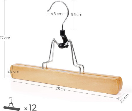 SONGMICS Set de 12 umerase din lemn pentru pantaloni, carlig antiderapant rotativ, 25cm, natural [5]