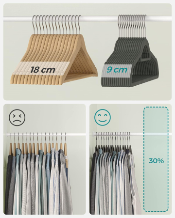 SONGMICS Set de 20 de umerase pentru haine, anti-alunecare cu catifea, bara de cravata si carlig pivotant, 43,5 cm, gri [6]