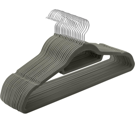 Umerase si huse haine - SONGMICS Set de 20 de umerase pentru haine, anti-alunecare cu catifea, bara de cravata si carlig pivotant, 43,5 cm, gri