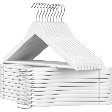 Umerase si huse haine - SONGMICS Set de 20 umerase din lemn, cu bara anti-alunecare pentru pantaloni, carlig pivotant la 360°, 45cm, alb