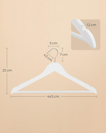 SONGMICS Set de 20 umerase din lemn, cu bara anti-alunecare pentru pantaloni, carlig pivotant la 360°, 45cm, alb [5]