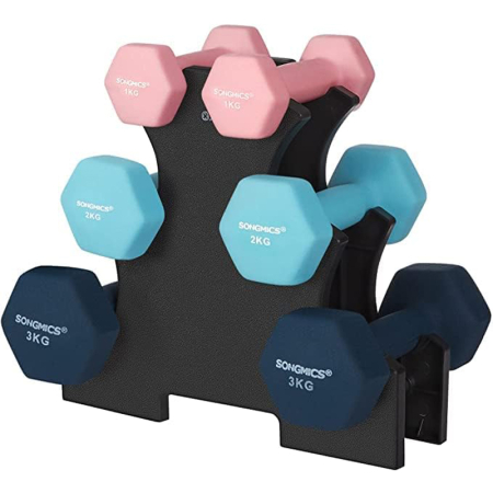FITNESS - SONGMICS Set de 6 gantere hexagonale cu suport, 2x1 kg 2x2 kg 2x3 kg, multicolor