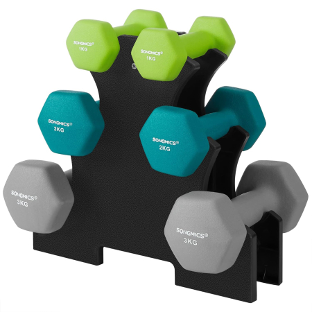 FITNESS - SONGMICS Set de 6 gantere hexagonale cu suport, 2x1kg 2x2kg 2x3 kg, multicolor