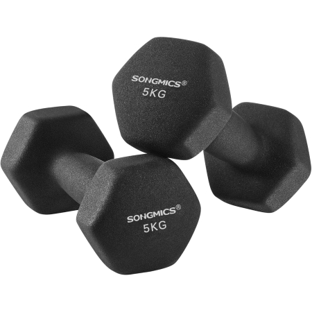 FITNESS - SONGMICS Set gantere hexagonale 2x5 kg, fonta cu invelis neopren, maner ergonomic antialunecare, negru