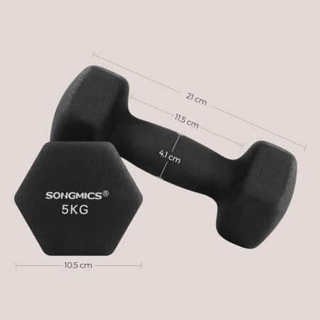 SONGMICS Set gantere hexagonale 2x5 kg, fonta cu invelis neopren, maner ergonomic antialunecare, negru [6]