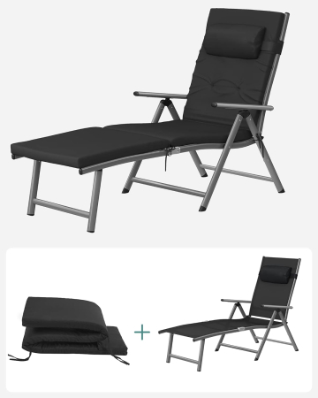 SONGMICS Sezlong pliabil, cu saltea groasa si tetiera, spatar reglabil, maxim 150kg, 183x60x39cm, negru [5]