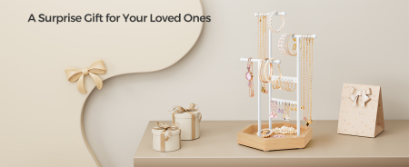 SONGMICS Stand organizator de bijuterii, cu cadru metalic, suport cercei, bratara, colier, inele, 18x21x36cm, alb [2]