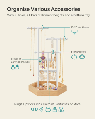 SONGMICS Stand organizator de bijuterii, cu cadru metalic, suport cercei, bratara, colier, inele, 18x21x36cm, alb [4]