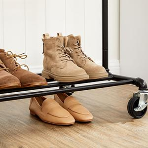 SONGMICS Suport pentru haine, cu raft si 2 sine de agatat, cadru metalic, cu roti, 130x49x198cm, industrial, negru [12]