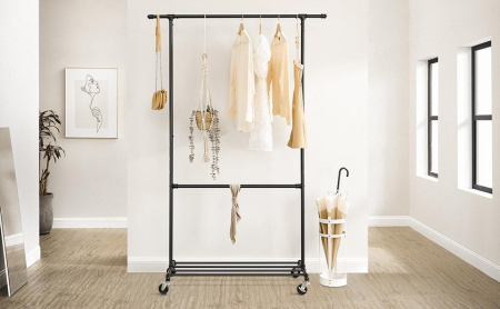 SONGMICS Suport pentru haine, cu raft si 2 sine de agatat, cadru metalic, cu roti, 130x49x198cm, industrial, negru [10]