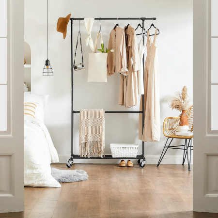 SONGMICS Suport pentru haine, cu raft si 2 sine de agatat, cadru metalic, cu roti, 130x49x198cm, industrial, negru [3]