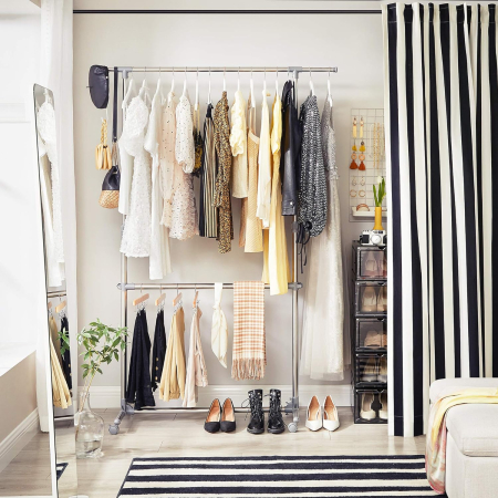 SONGMICS Suport pentru haine cu sina superioara extensibila, pe roti, reglabil in inaltime 113-198cm, argintiu [2]