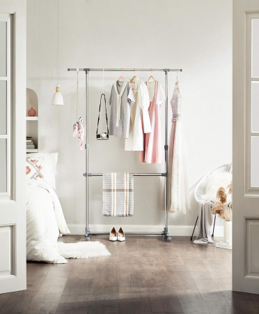 SONGMICS Suport pentru haine cu sina superioara extensibila, pe roti, reglabil in inaltime 113-198cm, argintiu [1]