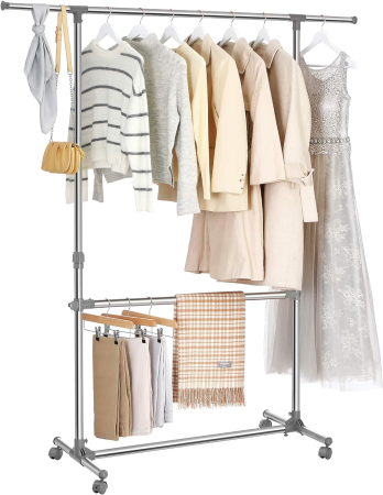 SONGMICS Suport pentru haine cu sina superioara extensibila, pe roti, reglabil in inaltime 113-198cm, argintiu [7]