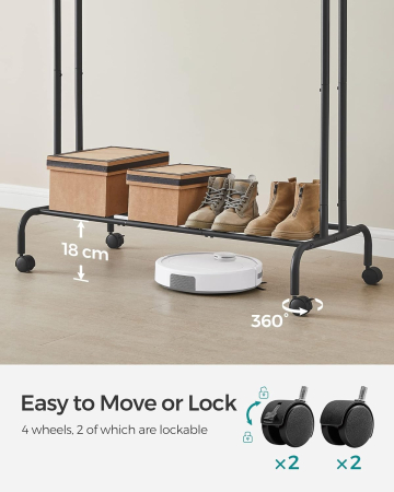 SONGMICS Suport pentru haine pe roti, cu polita, sina dubla, cadru metalic, sarcina 100kg, 53x104x155cm, negru [4]