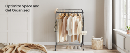 SONGMICS Suport pentru haine pe roti, cu polita, sina dubla, cadru metalic, sarcina 100kg, 53x104x155cm, negru [7]