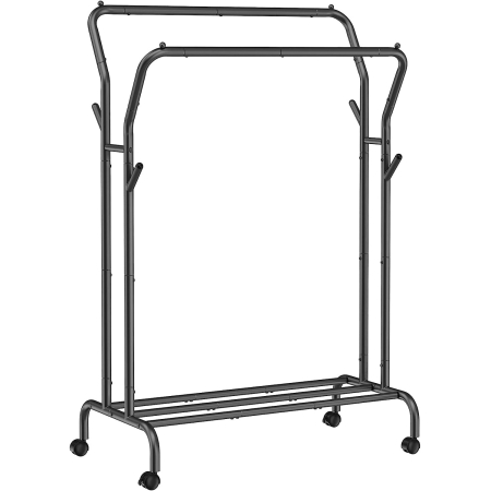 Cuiere - SONGMICS Suport pentru haine pe roti, cu polita, sina dubla, cadru metalic, sarcina 100kg, 53x104x155cm, negru