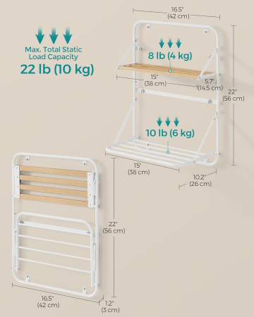 SONGMICS Suport prosoape pliabil de perete, cu 5 bare, polita de depozitare, otel, 26x38x56 cm, alb [1]