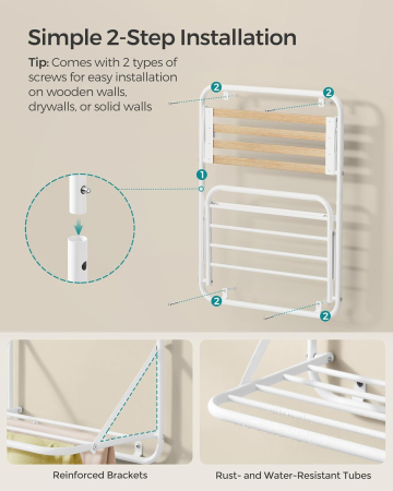 SONGMICS Suport prosoape pliabil de perete, cu 5 bare, polita de depozitare, otel, 26x38x56 cm, alb [5]