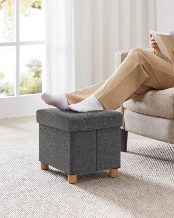 SONGMICS Taburet depozitare pliabil cu picioare din lemn, capitonat cu tesatura tip in, 40x32x34 cm, gri inchis [5]