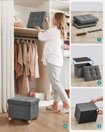 SONGMICS Taburet depozitare pliabil cu picioare din lemn, capitonat cu tesatura tip in, 40x32x34 cm, gri inchis [2]