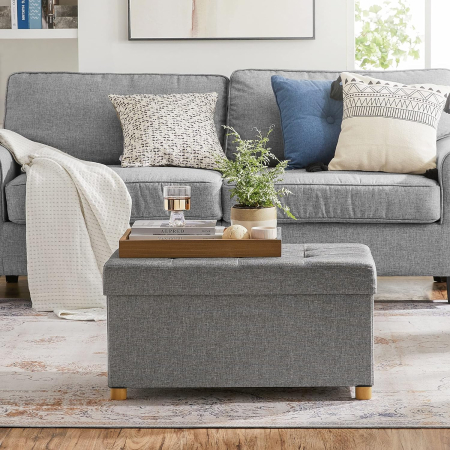 SONGMICS Taburet pliabil cu sezut moale, spatiu de depozitare, maxim 300 kg, 76x38x40 cm, gri deschis [1]