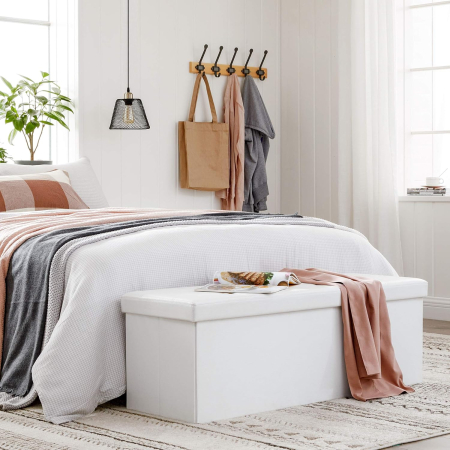 SONGMICS Taburet pliabil cu spatiu de depozitare, 3 locuri, imitatie piele, 110x38x38 cm, alb [3]