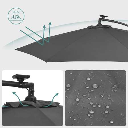 SONGMICS Umbrela de gradina cu brat lateral banana, 300cm, cu iluminare LED solara, gri [6]