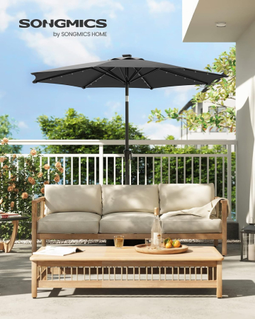 SONGMICS Umbrela de gradina, iluminare LED solara, cu manivela pentru deschidere, sistem inclinare, 300cm, gri [1]