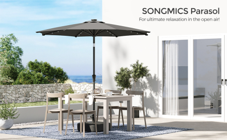 SONGMICS Umbrela de gradina, iluminare LED solara, cu manivela pentru deschidere, sistem inclinare, 300cm, gri [7]