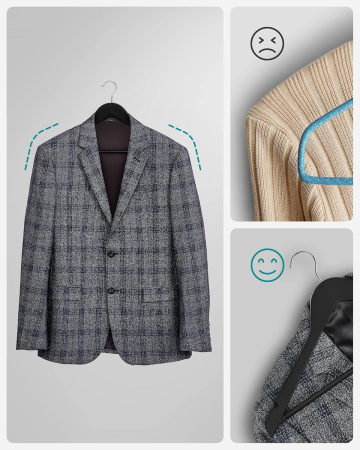 SONGMICS Umerase haine 45x23 cm, set 20 buc, lemn masiv cu bara pentru pantaloni si carlig rotativ, negru [4]