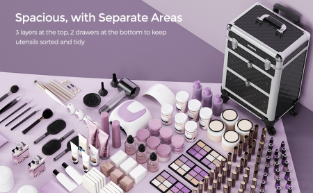 SONGMICS Valiza pentru cosmetice cu roti, profesionala, inchidere cu cheie, 24x34x56cm, negru [1]