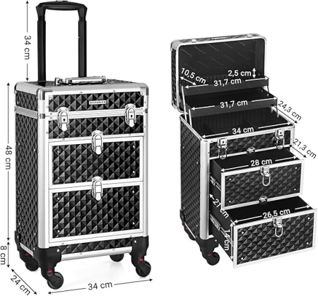 SONGMICS Valiza pentru cosmetice cu roti, profesionala, inchidere cu cheie, 24x34x56cm, negru [9]