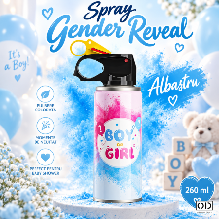 Accesorii Petrecere - Spray Gender Reveal albastru 260 ml, amidon de porumb, pentru anuntarea unui baietel | ORIGINAL DEALS