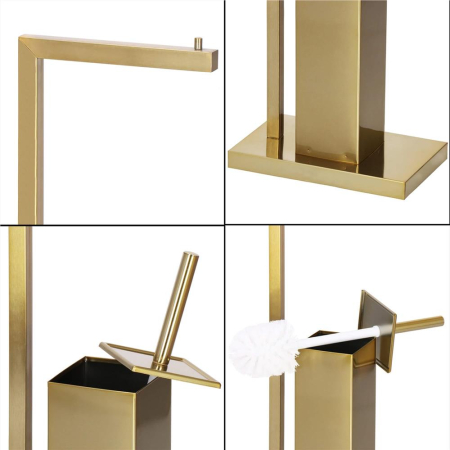 Stand cu perie WC si suport hartie igienica, metal si bambus, 67cm, auriu [11]