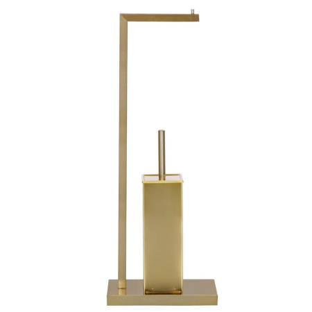 Stand cu perie WC si suport hartie igienica, metal si bambus, 67cm, auriu [10]