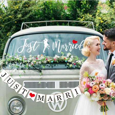 Sticker Autocolant, , Tematica Nunta, Model Indragostiti, cu Scris Just Married, 50x11.5 cm, Alb [4]