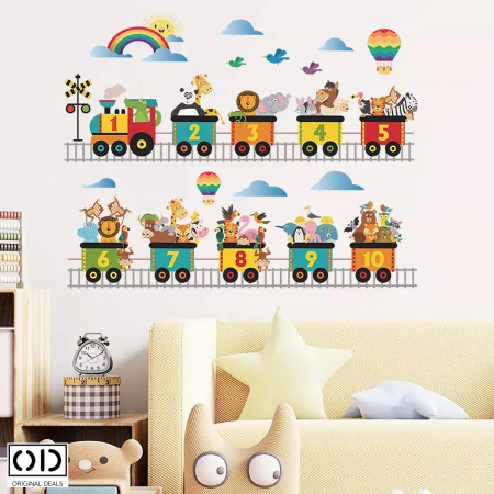 Stickere pentru Perete si Mobila - Sticker Educativ pentru Camera Copilului, Autoadeziv, Se lipeste pe Perete, Mobila sau Sticla, Model Trenulet Thomas cu Cifre 1 - 10
