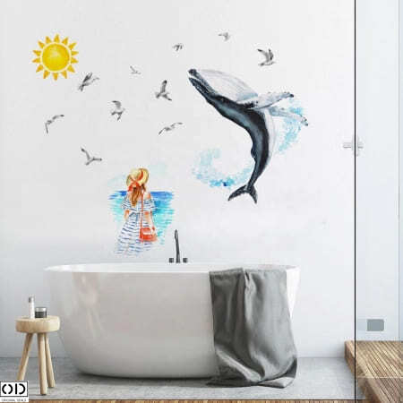 Sticker Decorativ Autocolant pentru Perete, Doamna si Balena Albastra, 70 x 50 cm [0]