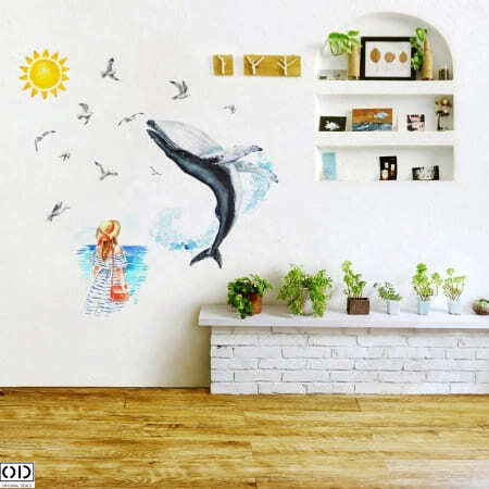 Sticker Decorativ Autocolant pentru Perete, Doamna si Balena Albastra, 70 x 50 cm [6]