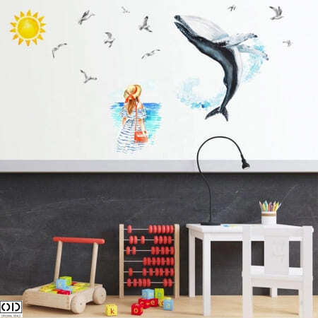 Sticker Decorativ Autocolant pentru Perete, Doamna si Balena Albastra, 70 x 50 cm [3]