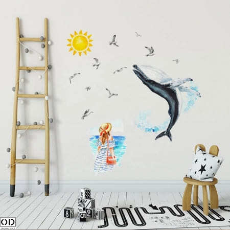 Sticker Decorativ Autocolant pentru Perete, Doamna si Balena Albastra, 70 x 50 cm [5]