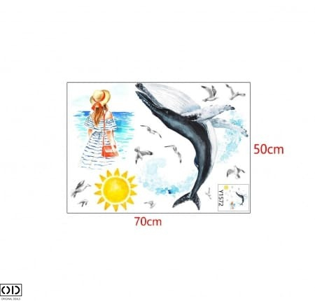 Sticker Decorativ Autocolant pentru Perete, Doamna si Balena Albastra, 70 x 50 cm [7]