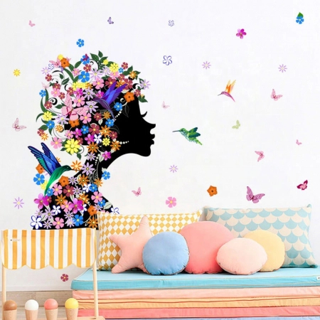 Sticker Decorativ Autocolant, Silueta Africana cu Flori si Pasari Colibri, Design Premium, 60 x 46 cm [1]