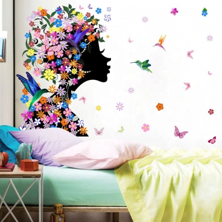 Sticker Decorativ Autocolant, Silueta Africana cu Flori si Pasari Colibri, Design Premium, 60 x 46 cm [5]