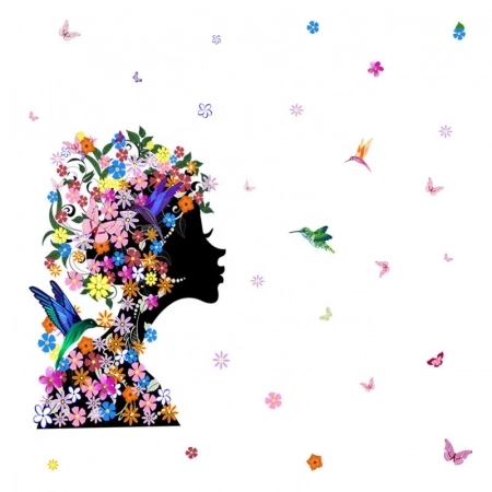 Sticker Decorativ Autocolant, Silueta Africana cu Flori si Pasari Colibri, Design Premium, 60 x 46 cm [2]